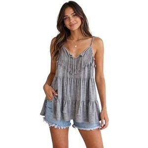 Seasty Gray LargeTiered‎ Tank Top Boho Crochet Tassels Adjustable Straps